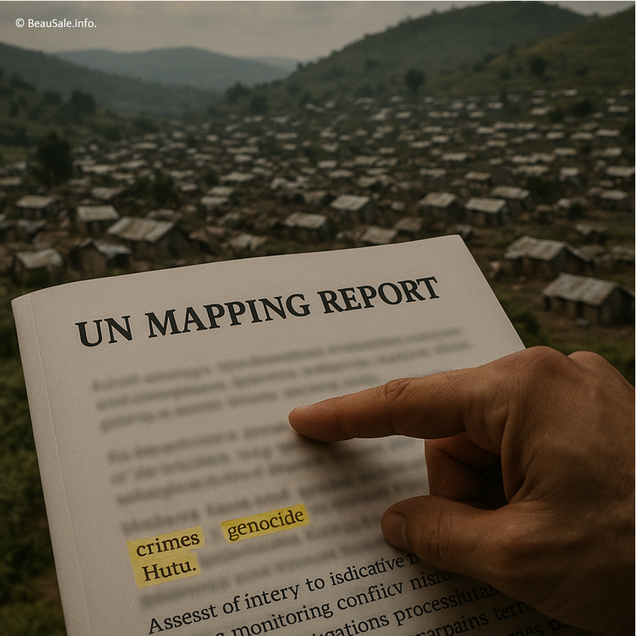 Image composite montrant le Rapport Mapping de l'ONU sur fond d'un camp de réfugiés au Kivu.