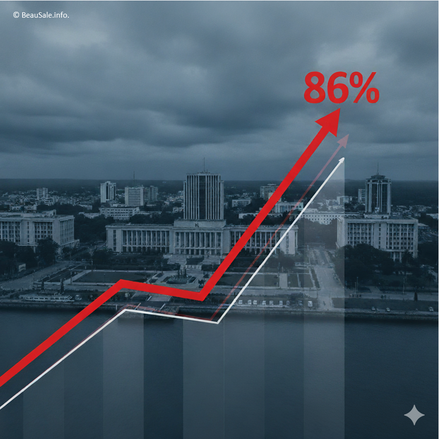 Image composite de Libreville avec un graphique superposé montrant la hausse de la dette.