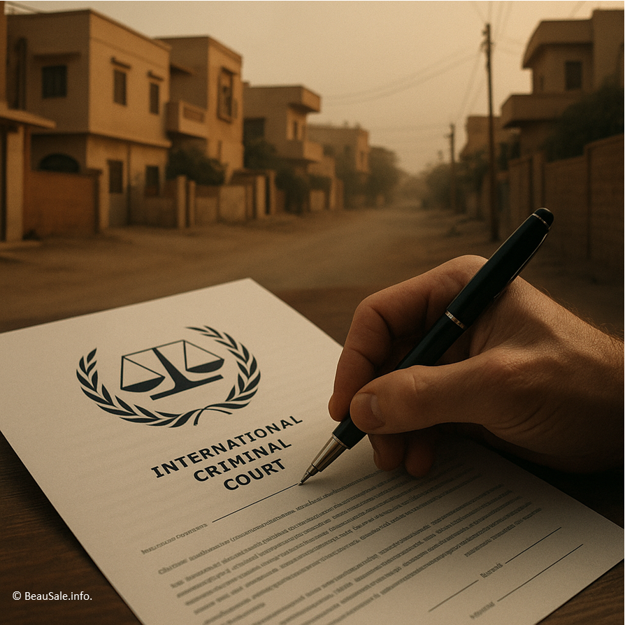 Image composite montrant un document de la CPI avec une rue de Khartoum en arrière-plan.