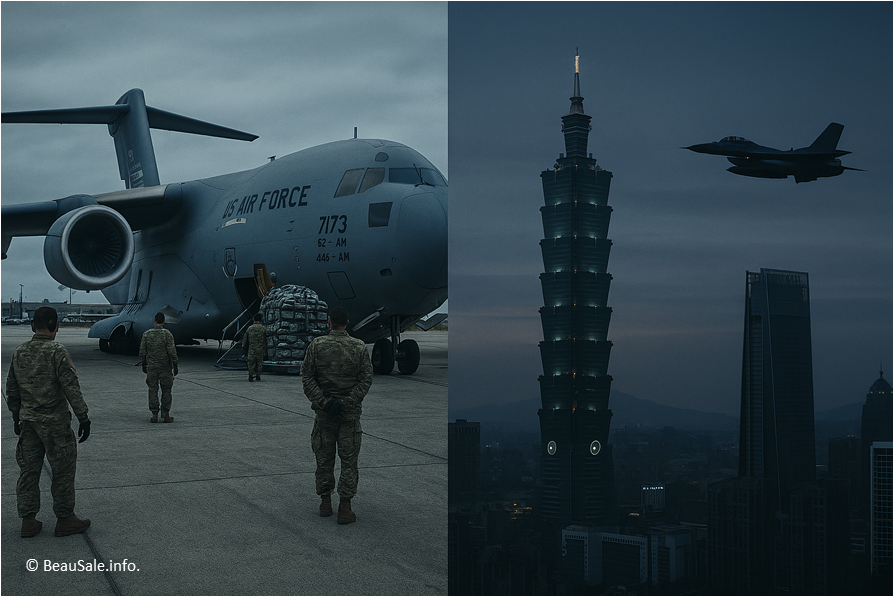 un avion militaire américain et la skyline de Taipei
