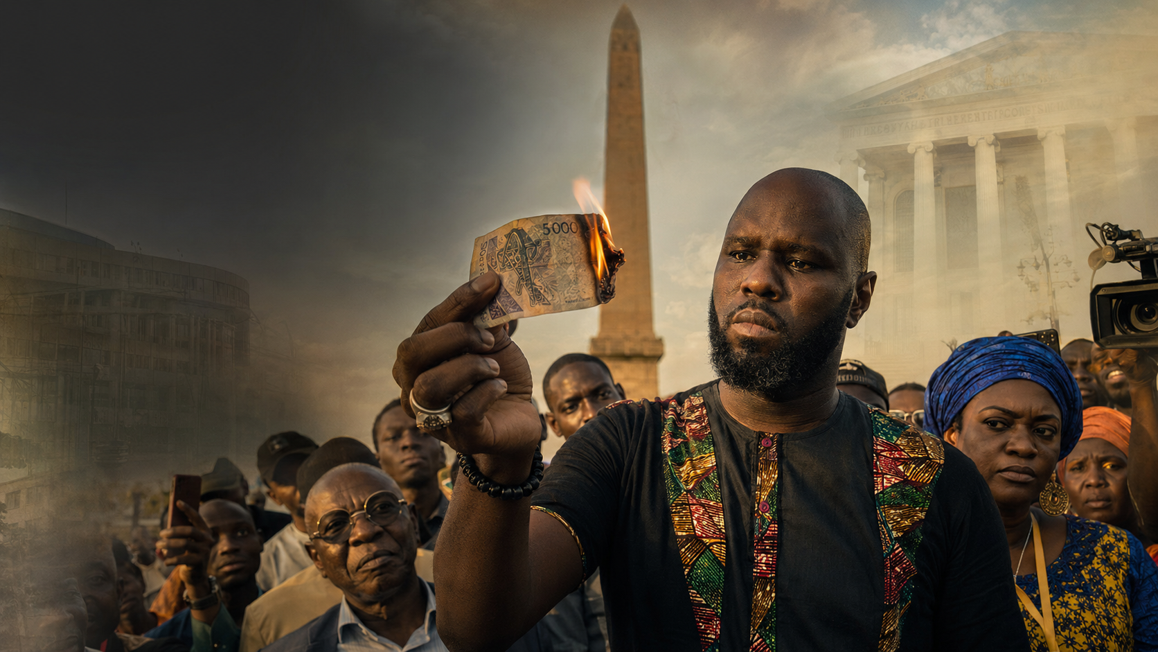Illustration éditoriale de Kémi Séba brûlant symboliquement un billet de 5 000 francs CFA à Dakar le 19 août 2017