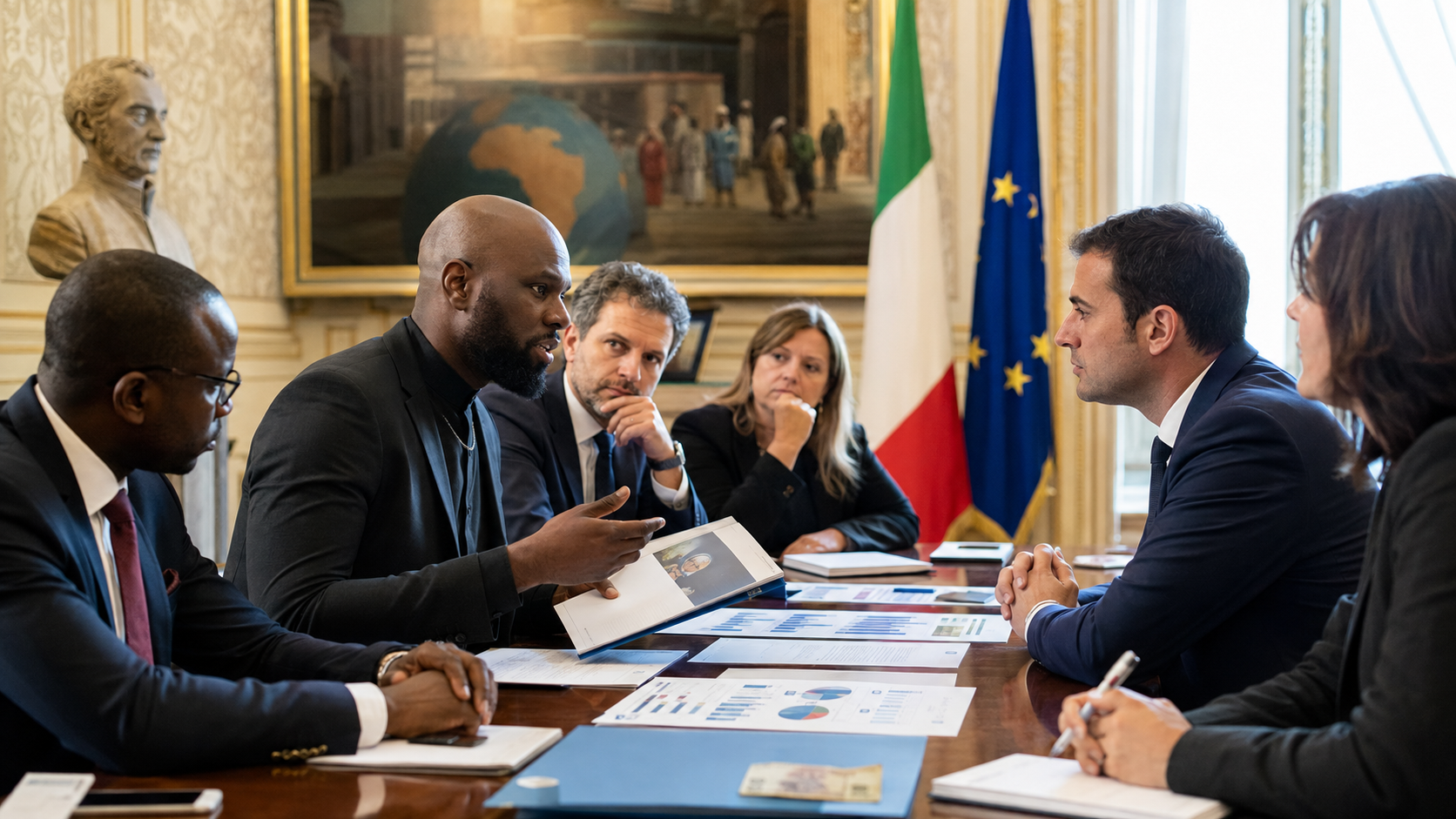 Kémi Séba présentant un dossier sur le franc CFA à Manlio Di Stefano lors d’une réunion institutionnelle à Rome en septembre 2018.