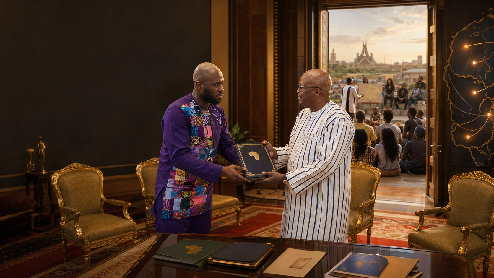 Kémi Séba remettant son livre à Roch Marc Christian Kaboré pendant leur audience au palais présidentiel de Kosyam en août 2018.