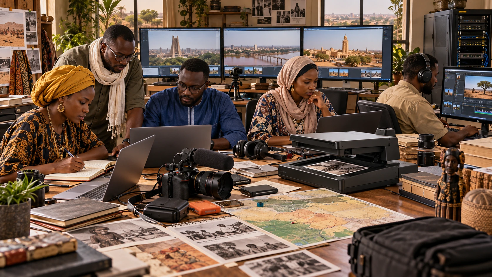 Illustration de synthèse : professionnels des médias du Burkina Faso, du Mali et du Niger travaillant dans une rédaction commune, avec archives et écrans.