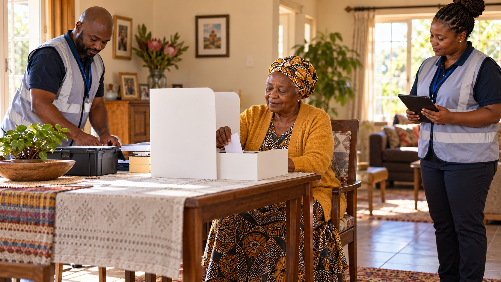 Illustration de synthèse : une électrice âgée prépare un vote confidentiel à domicile dans une scène fictive sud-africaine, accompagnée à distance par deux agents.
