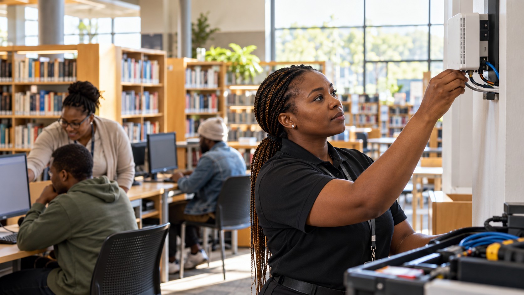 Illustration de synthèse : dans une bibliothèque fictive sud-africaine, une technicienne vérifie un équipement réseau auprès d’un espace informatique fréquenté par des adultes.