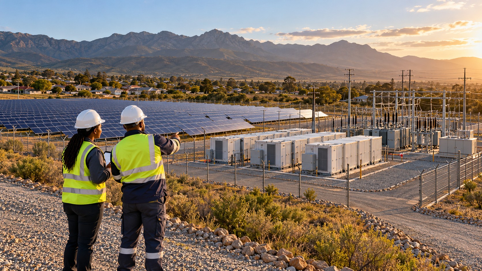 Illustration de synthèse : deux techniciens municipaux observent des panneaux solaires, des batteries et un poste de raccordement près de Riversdale.