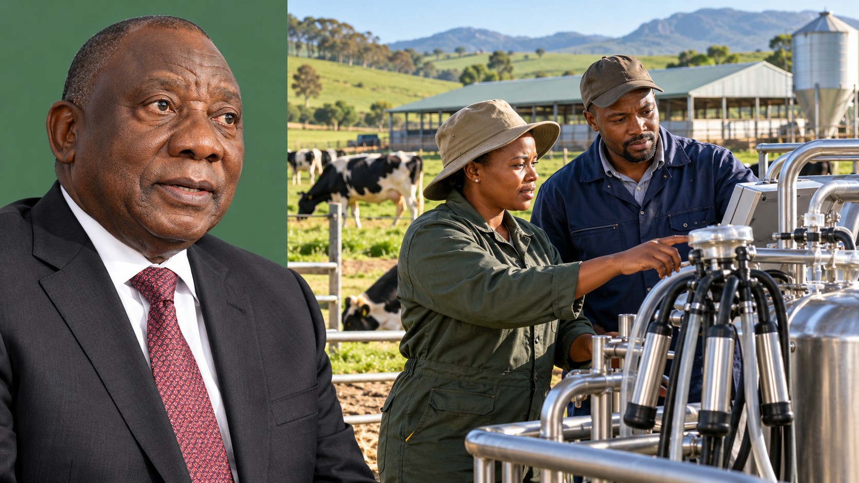 Illustration de synthèse : photomontage éditorial séparant un portrait généré de Cyril Ramaphosa d’une scène agricole fictive où deux producteurs examinent un équipement laitier.