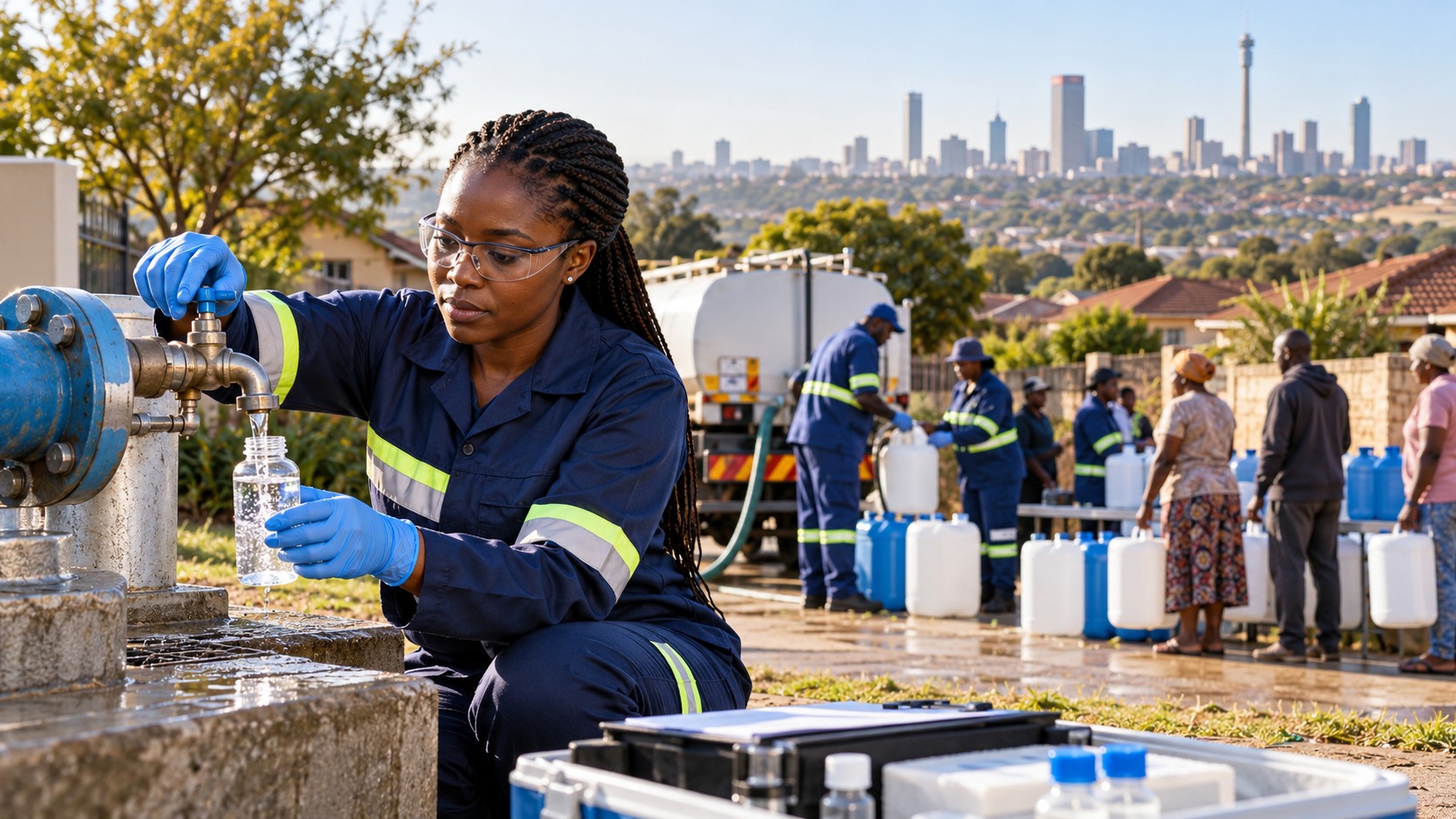 Illustration de synthèse : une technicienne réalise un prélèvement d’eau pendant qu’une équipe organise une distribution d’eau de secours dans un quartier fictif du Gauteng.