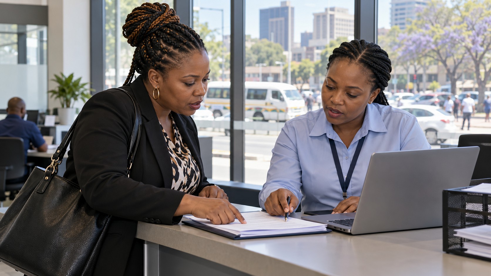 Illustration de synthèse : une entrepreneuse du transport échange avec une agente administrative autour d’un ordinateur et d’un dossier dans un bureau public fictif du Gauteng.