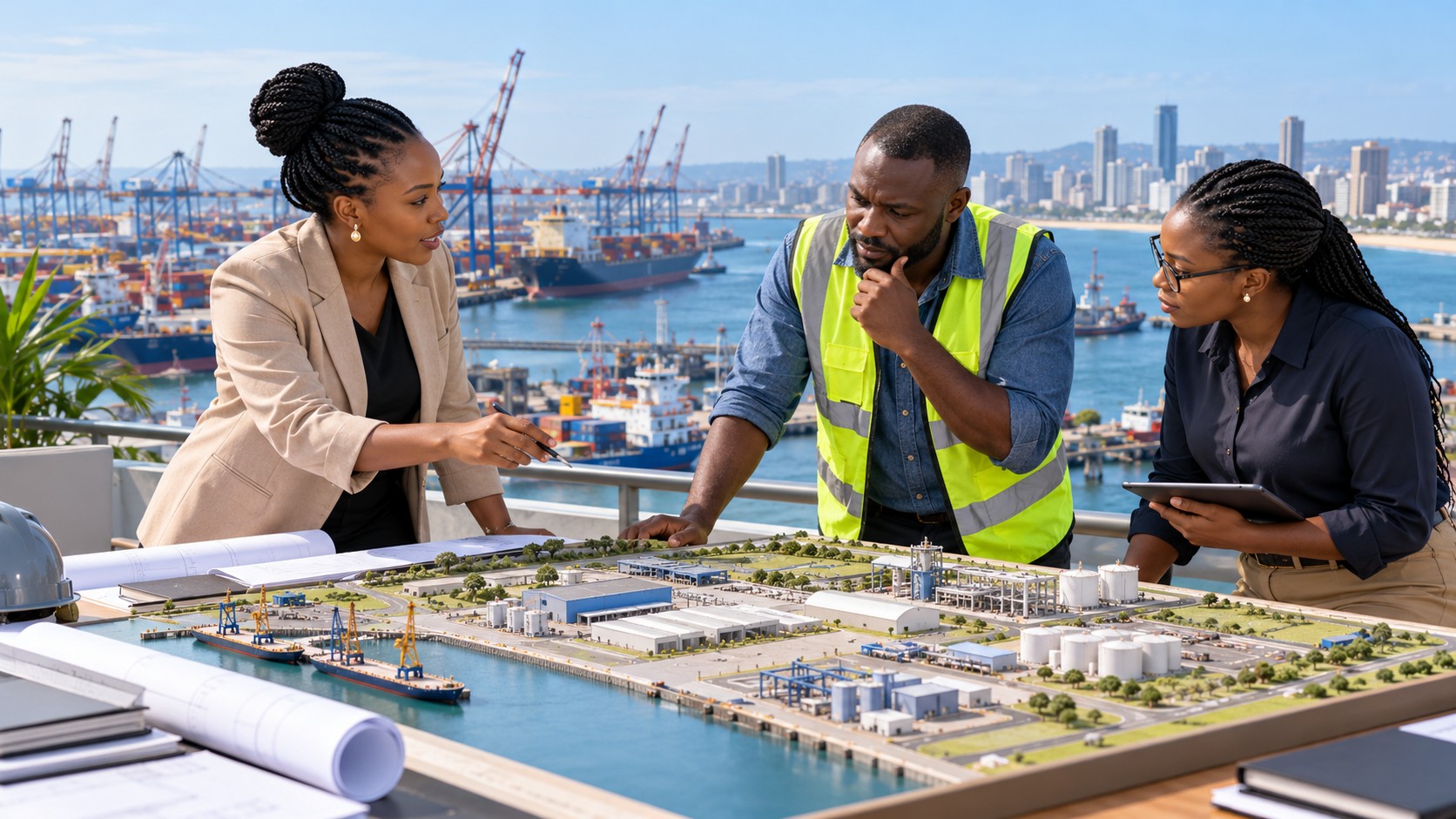 Illustration de synthèse : une cheffe de projet, un entrepreneur et une spécialiste de la logistique étudient une maquette industrielle sur une terrasse dominant le port de Durban.
