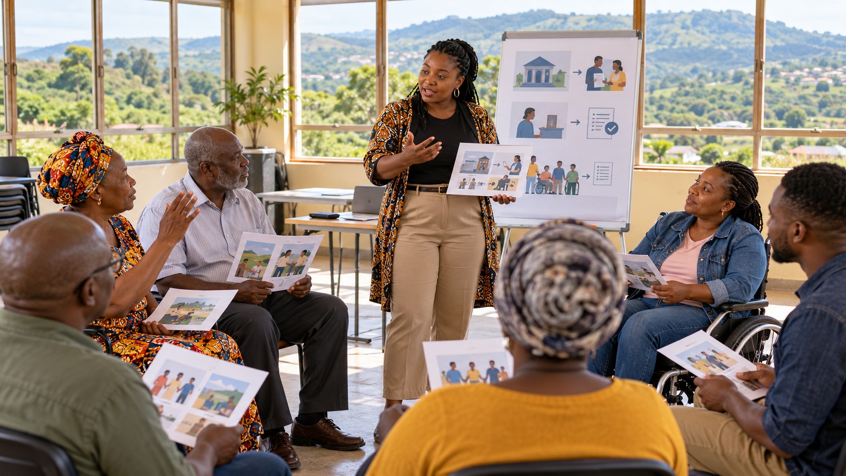 Illustration de synthèse : une animatrice explique une procédure civique à un groupe intergénérationnel, dont une participante en fauteuil roulant, dans une salle communautaire fictive du KwaZulu-Natal.