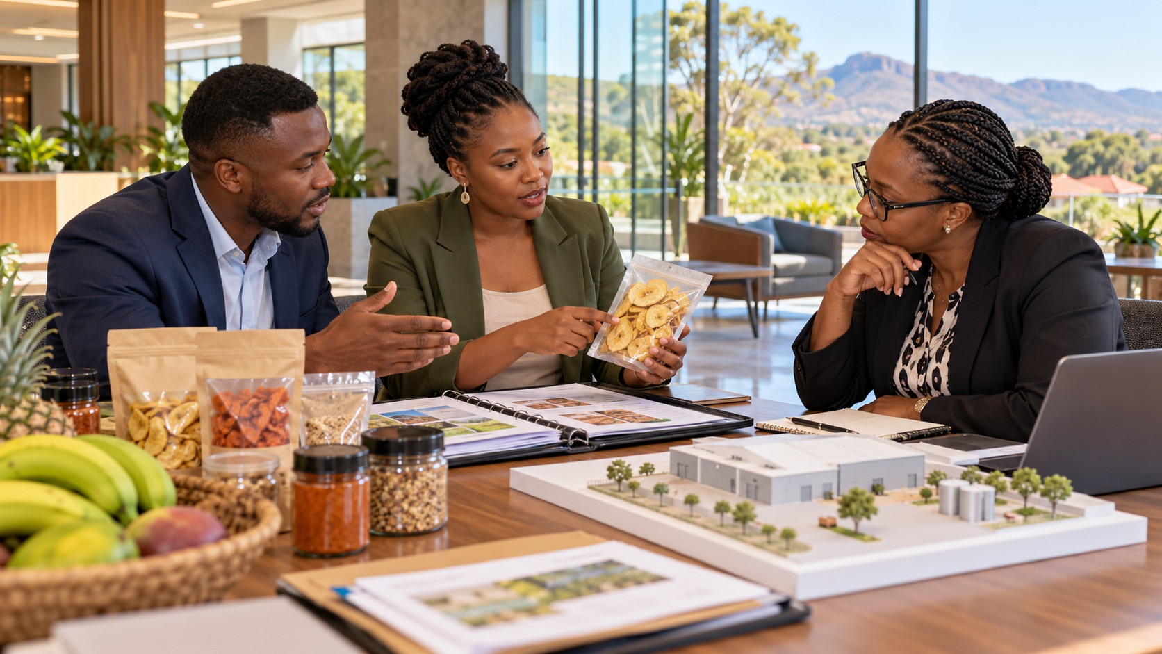 Illustration de synthèse : deux entrepreneurs de l’agro-transformation préparent leur dossier avec une conseillère dans un espace professionnel fictif à Polokwane.