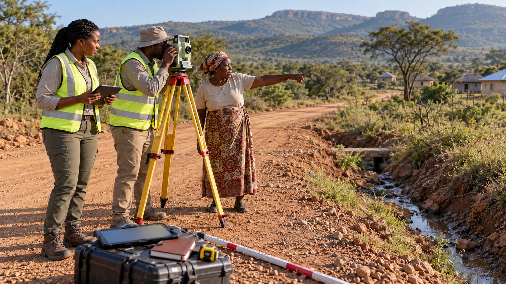 Illustration de synthèse : une ingénieure et un géomètre effectuent des relevés avec une habitante près d’une route rurale non revêtue du Waterberg.