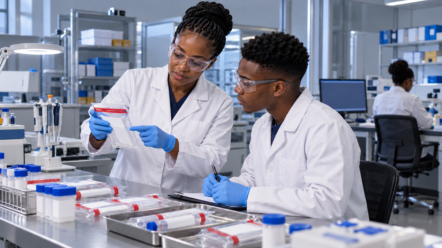 Illustration de synthèse : une biologiste explique à un jeune analyste la vérification de contenants scellés dans un laboratoire de formation fictif.