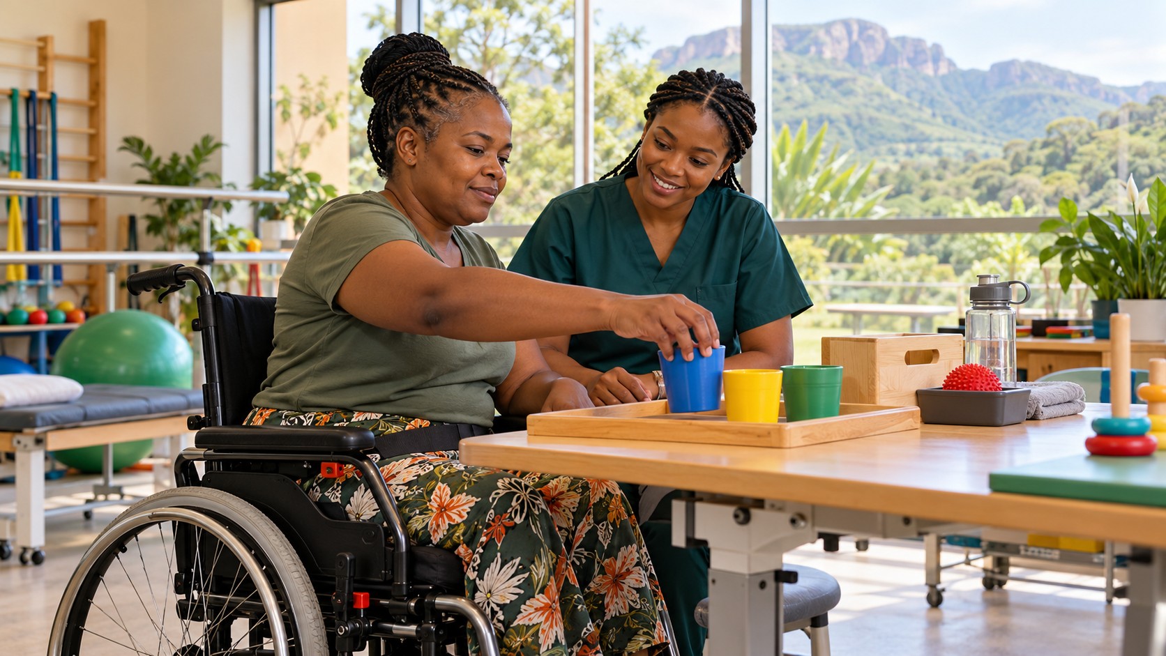 Illustration de synthèse : une patiente en fauteuil roulant déplace des objets sur une table avec une ergothérapeute dans une salle de réadaptation fictive.