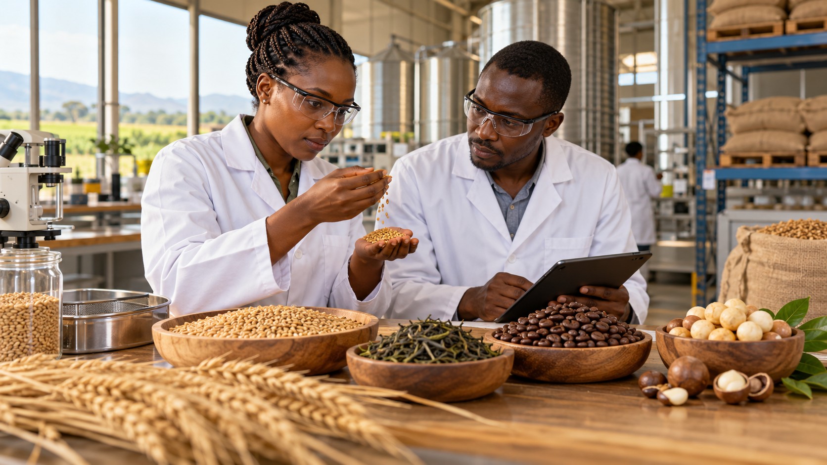 Illustration fictive : deux professionnels malawiens examinent un échantillon de blé devant des récipients de thé, café et noix de macadamia.