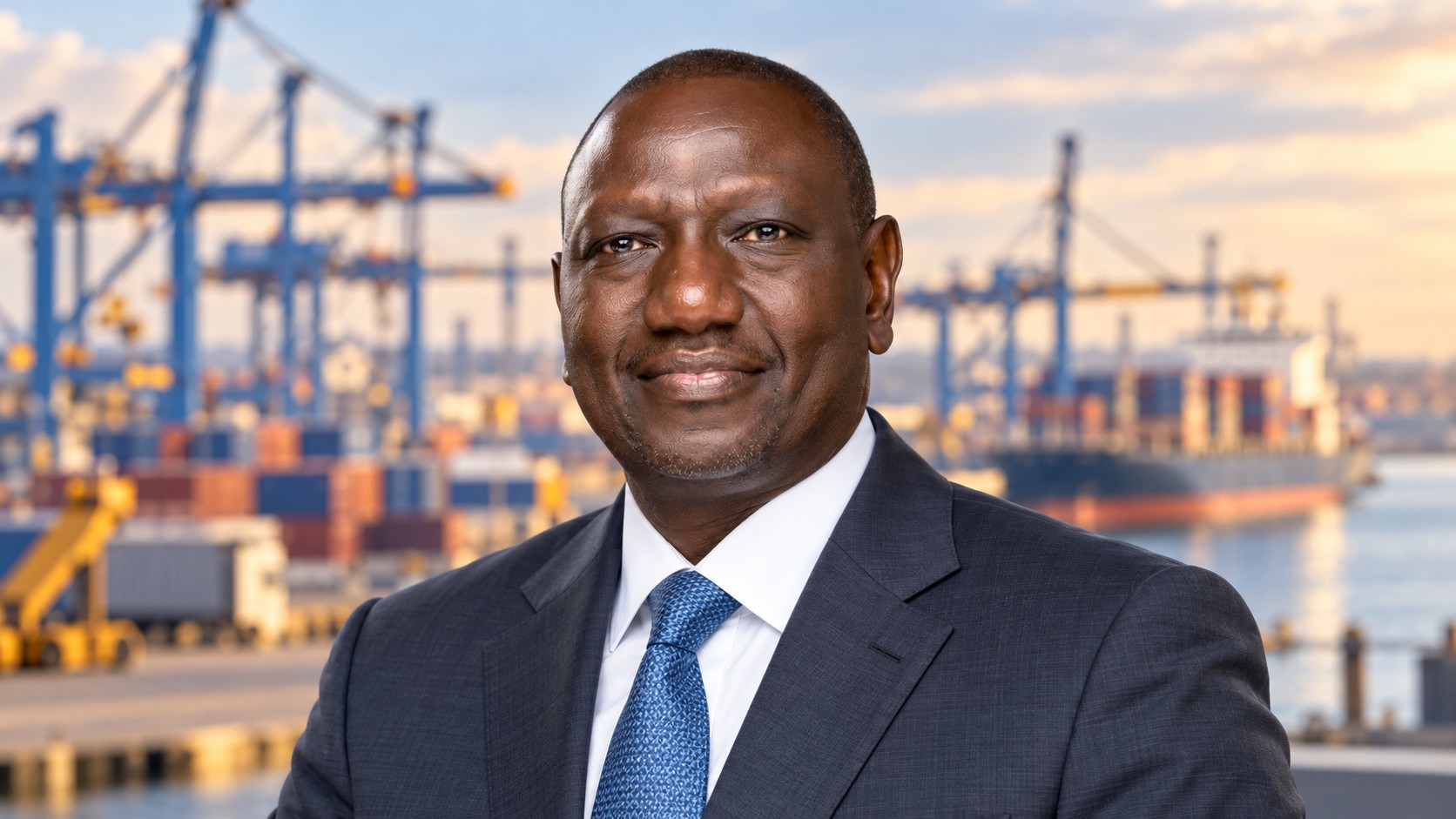 Portrait illustratif de William Ruto devant un décor portuaire fictif évoquant la côte kényane.