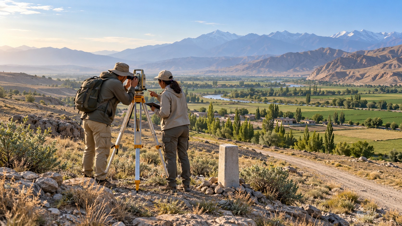 Deux géomètres fictifs travaillent près d’une borne neutre, dans un paysage cultivé de contreforts d’Asie centrale.