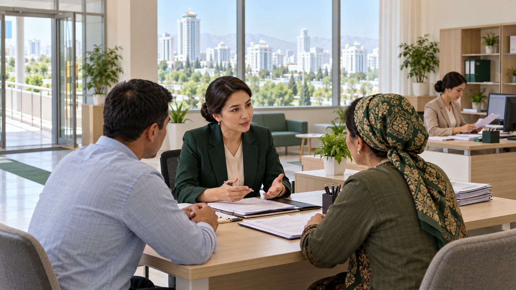 Illustration fictive : une juriste échange avec deux usagers dans un bureau public accessible évoquant Achgabat.