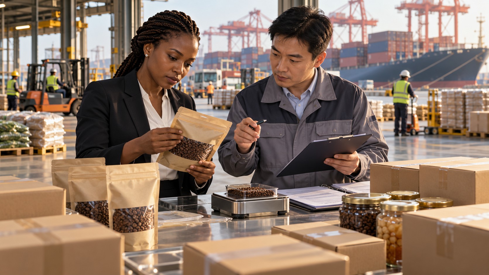 Illustration fictive : une dirigeante africaine et un responsable qualité chinois contrôlent des produits alimentaires conditionnés dans un entrepôt portuaire.