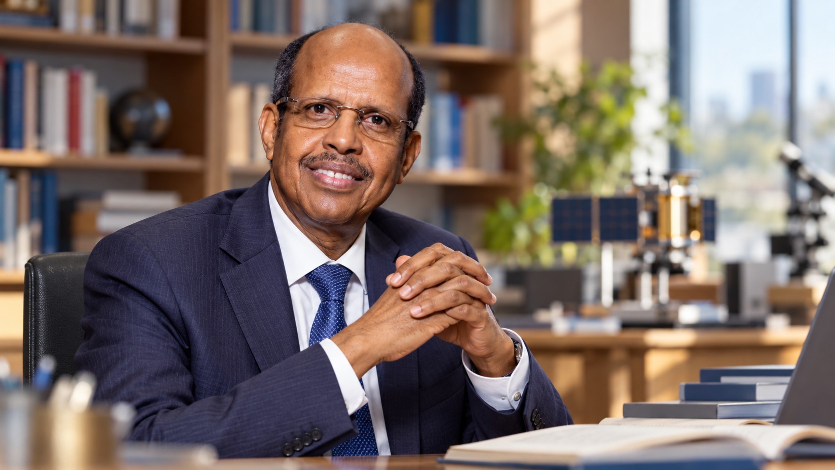 Portrait de synthèse de Mahmoud Ali Youssouf en costume, dans un espace universitaire fictif avec rayonnages et matériel scientifique.