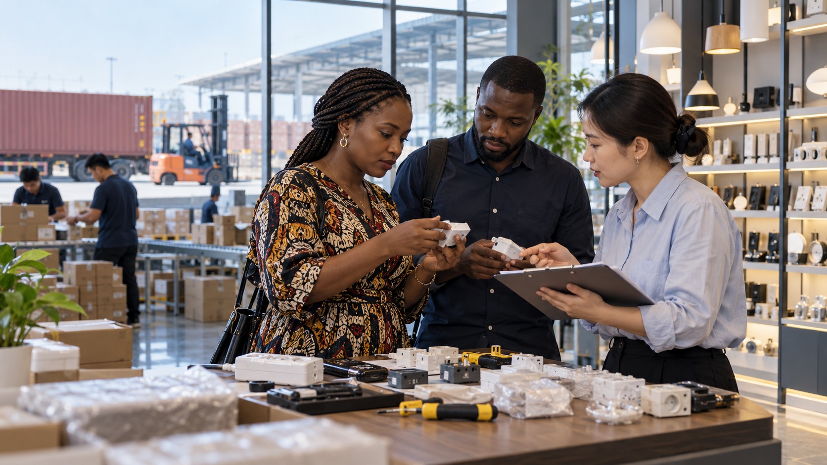 Illustration fictive : une entrepreneuse africaine et un négociant africain comparent des composants électriques avec une fournisseuse chinoise dans un showroom de Yiwu.