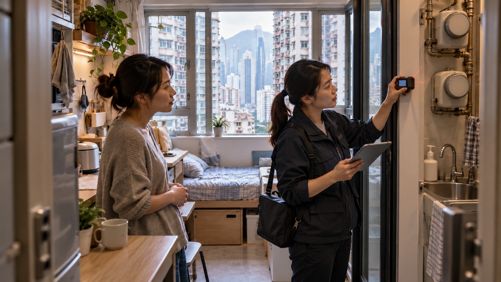 Illustration fictive : une locataire et une professionnelle munie d’un télémètre examinent un logement compact à Kowloon, avec point d’eau et deux compteurs sans inscription.