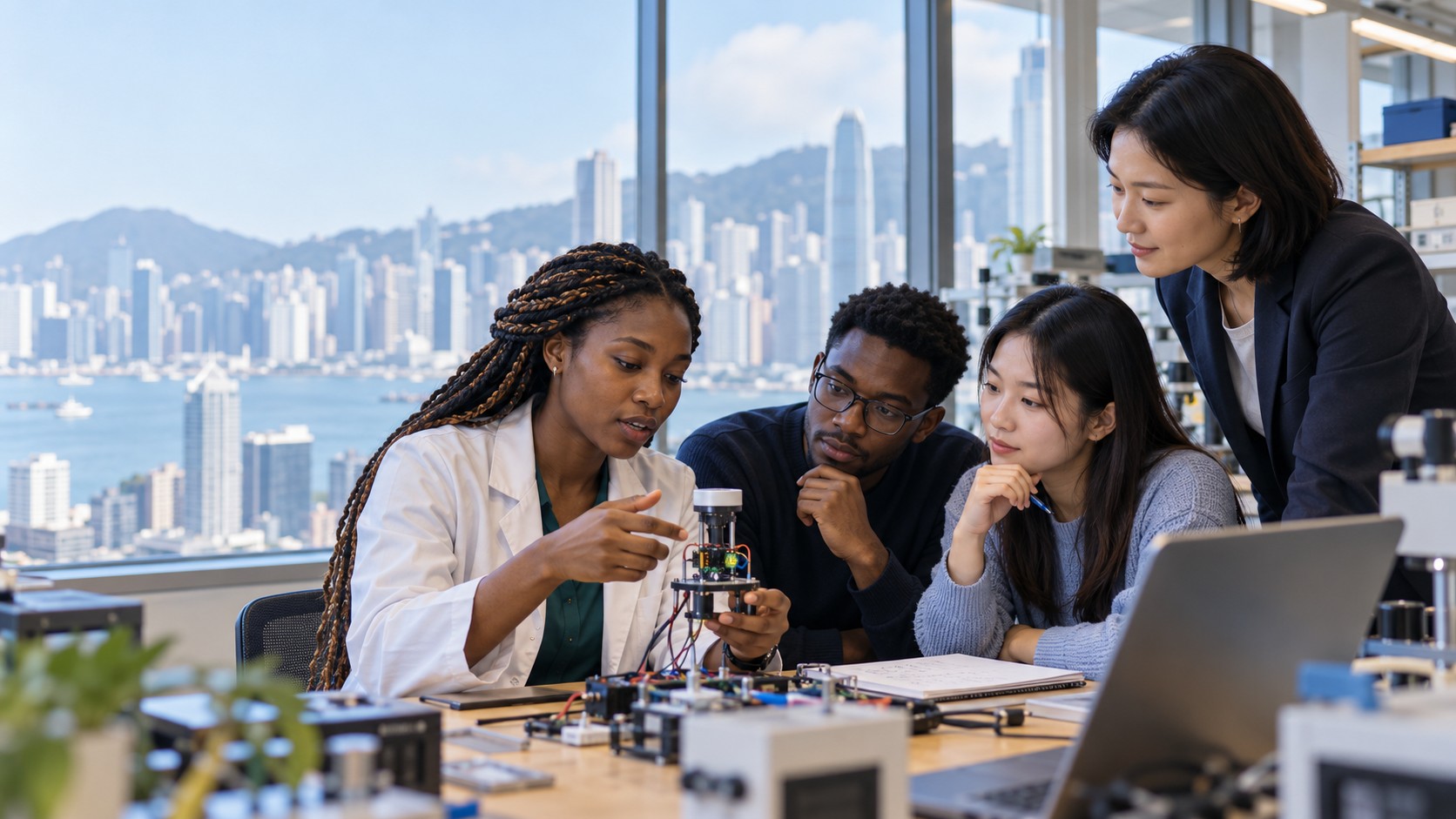 Illustration fictive : une étudiante africaine explique un prototype de capteur à trois adultes dans un laboratoire universitaire inspiré de Hong Kong.