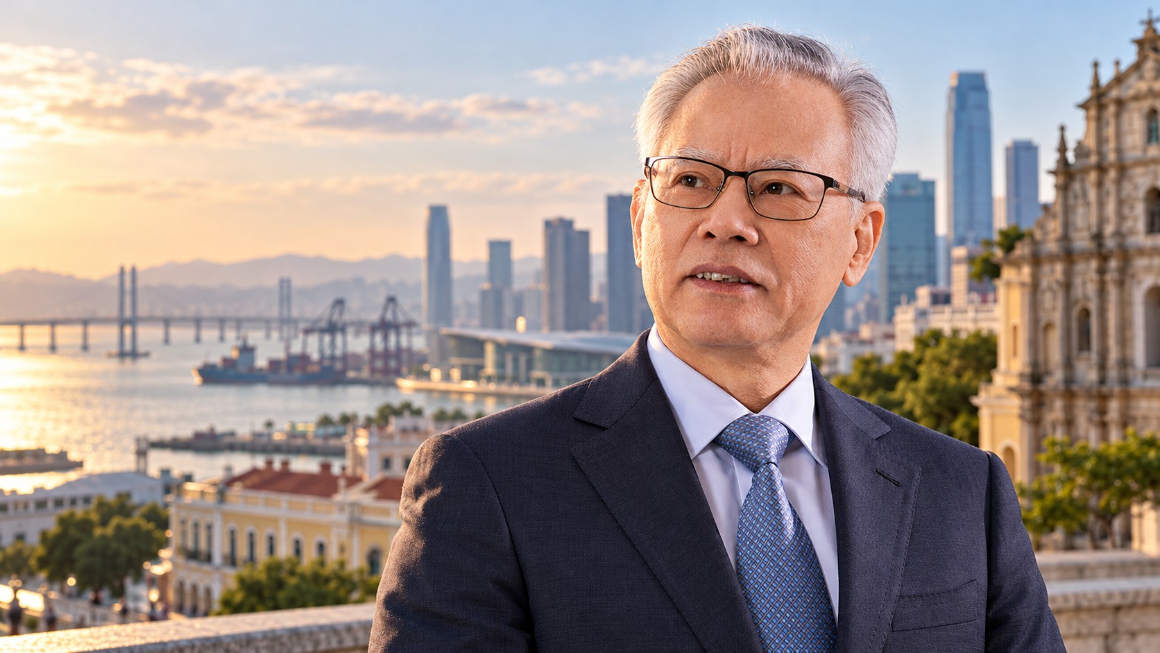 Portrait illustratif de Sam Hou Fai devant un paysage urbain et portuaire fictif de Macao.