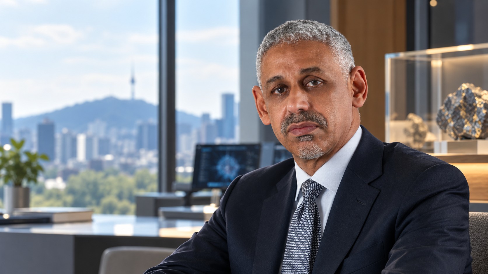 Portrait illustratif de Sidi Ould Tah dans un espace de recherche fictif à Séoul, avec un échantillon minéral en vitrine.