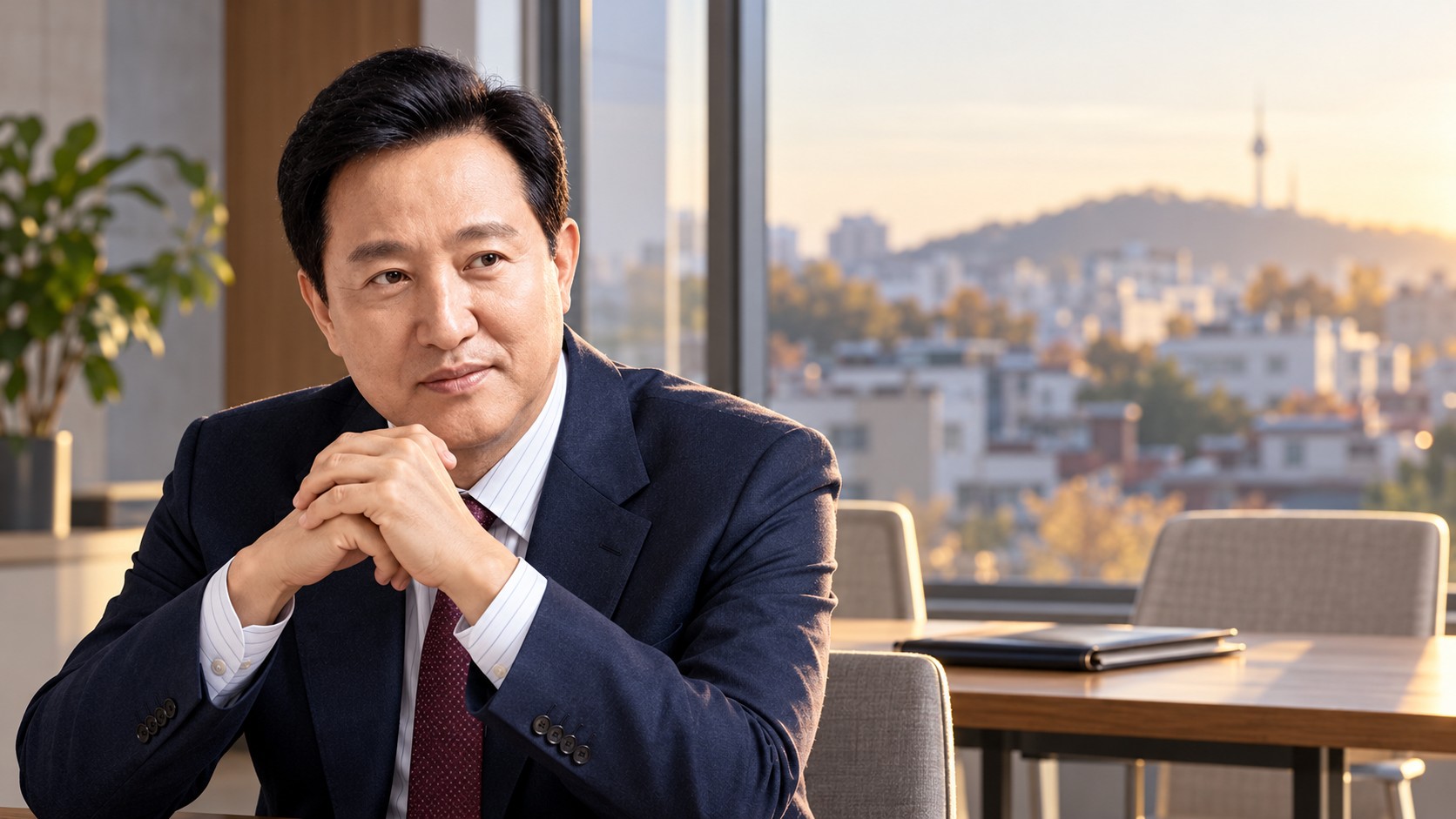 Portrait illustratif d’Oh Se-hoon dans un bureau fictif, avec deux chaises et un dossier fermé.