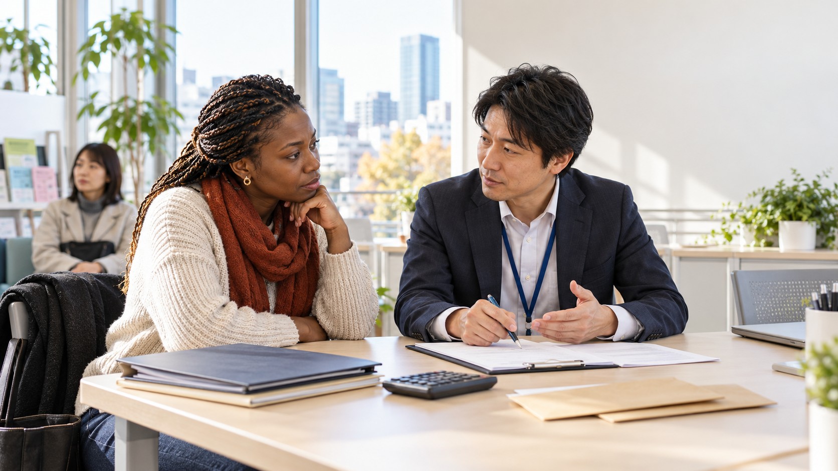 Une résidente africaine fictive échange avec un conseiller japonais dans un espace d’accompagnement social.