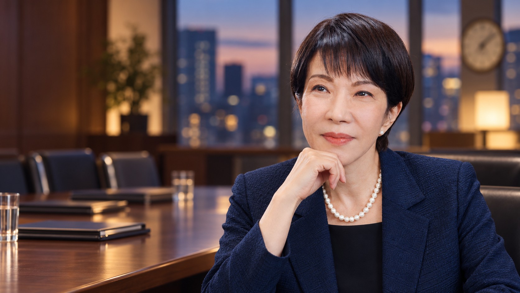 Portrait éditorial généré de Sanae Takaichi dans une salle de travail japonaise fictive, avec des dossiers fermés et une ville au crépuscule.