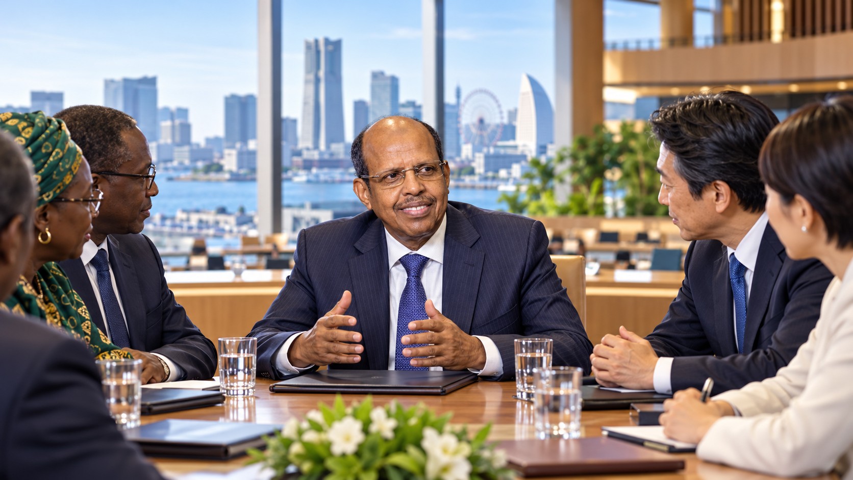 Composition illustrative générée : Mahmoud Ali Youssouf entouré de diplomates africains et japonais fictifs dans un espace de travail évoquant Yokohama.