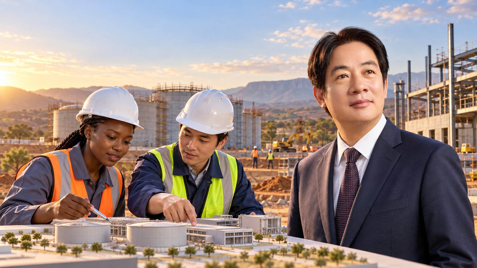 Composition illustrative générée : portrait de Lai Ching-te et ingénieure eswatinienne avec un technicien taïwanais fictifs devant une maquette et un chantier.