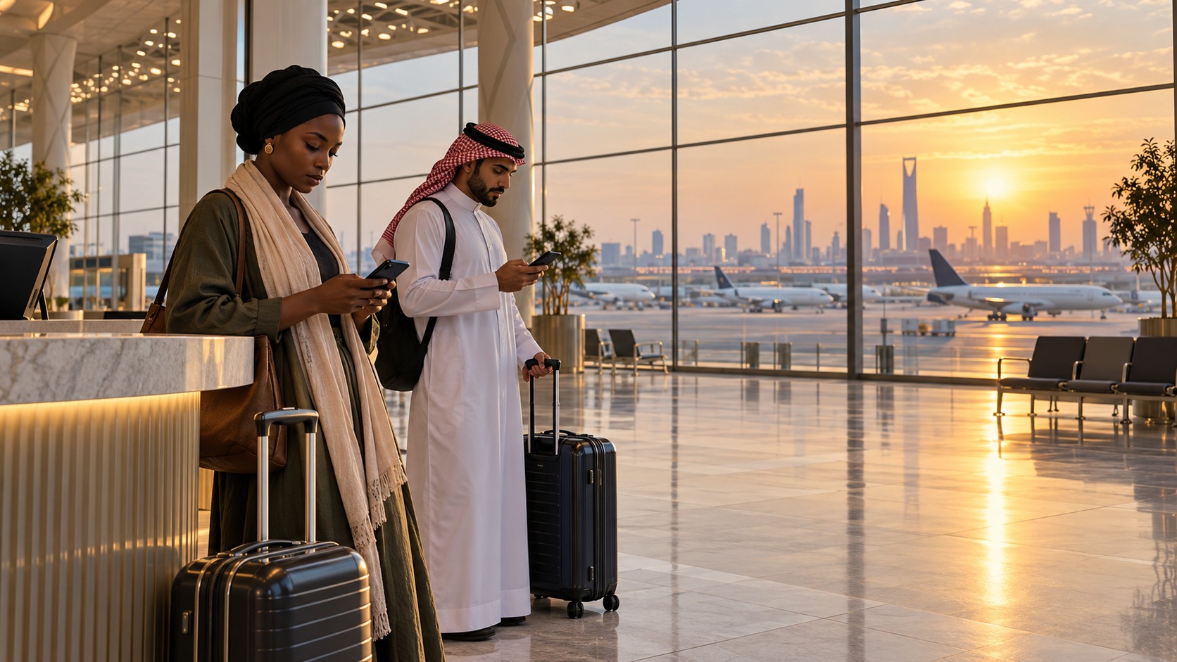 Des voyageurs africain et arabe attendent dans un terminal fictif inspiré de Riyad, près d’avions civils immobiles.