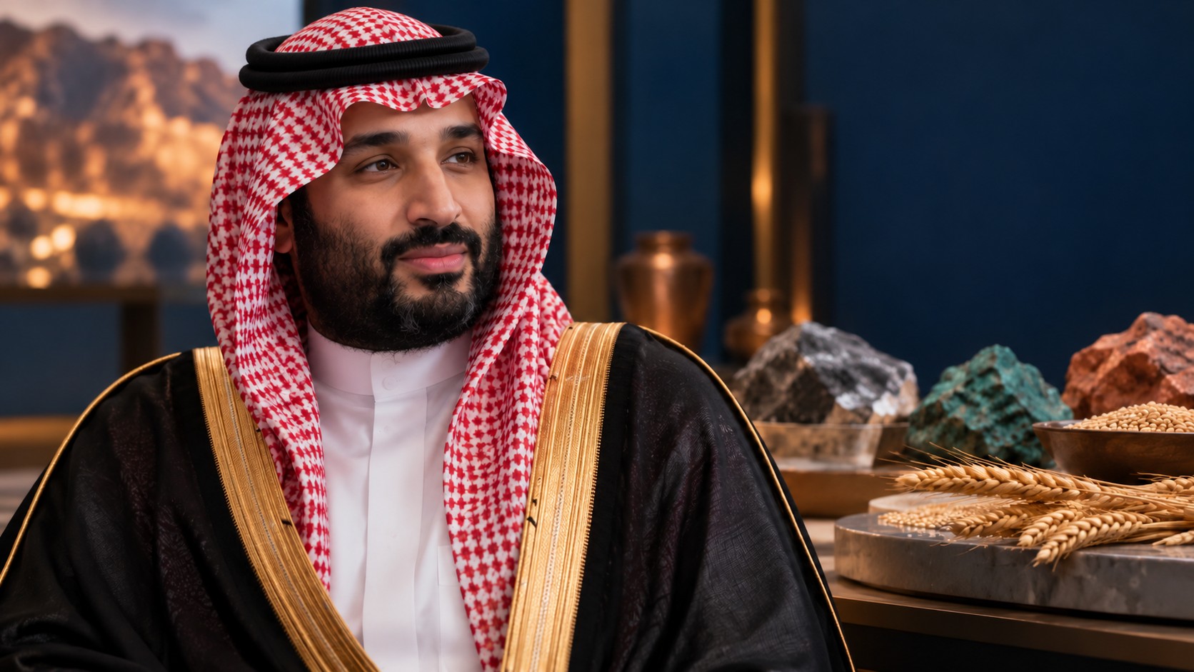Portrait éditorial de Mohammed ben Salmane devant une composition conceptuelle de minerais et de céréales.