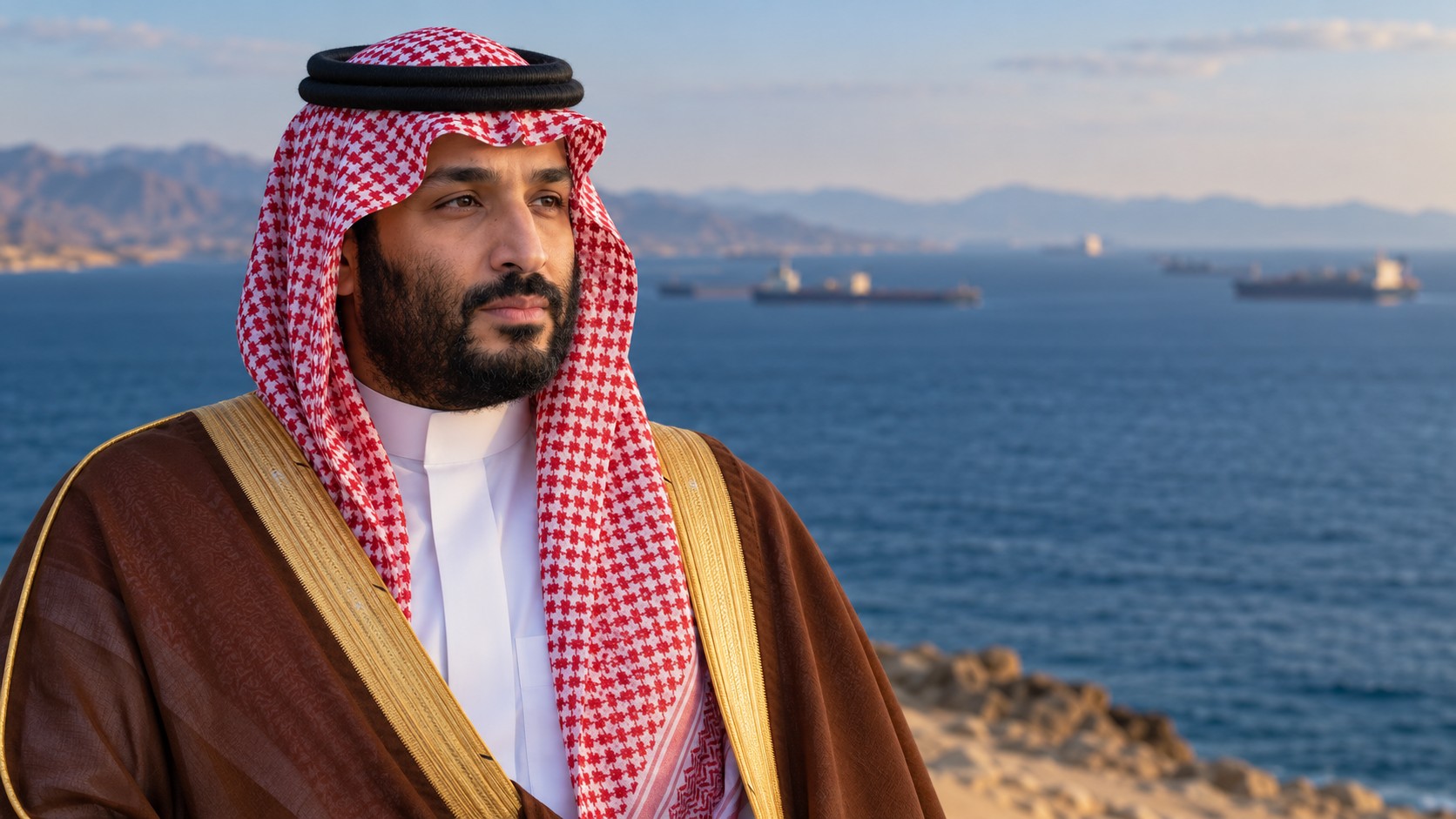 Portrait éditorial de Mohammed ben Salmane devant un horizon conceptuel de la mer Rouge et des navires marchands lointains.