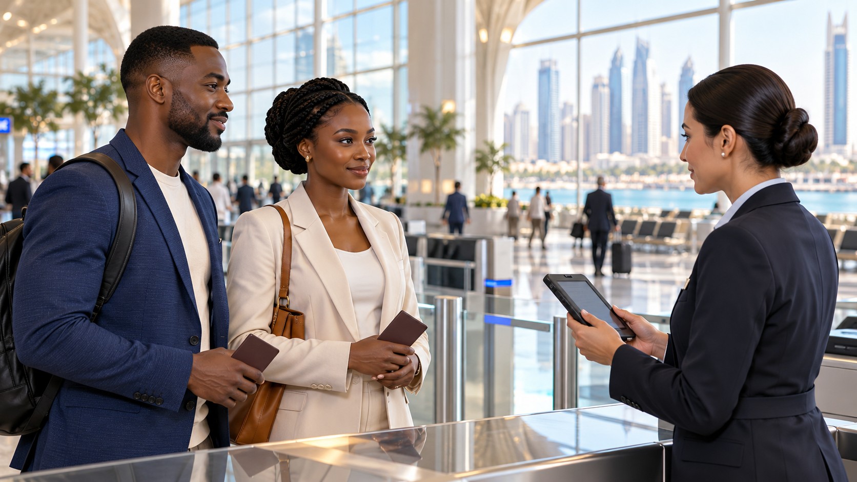 Une agente utilise un appareil mobile devant des voyageurs africains dans un terminal fictif inspiré de Dubaï.