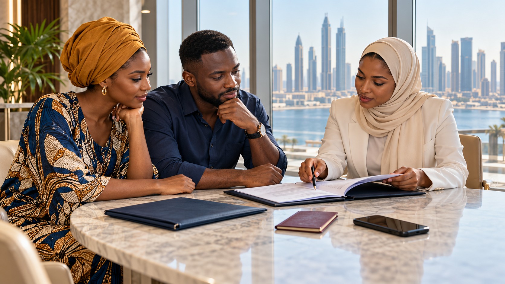 Des travailleurs africains échangent avec une conseillère dans un espace administratif fictif des Émirats.