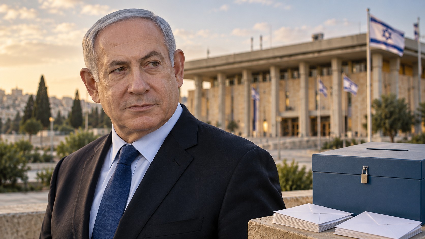 Portrait éditorial de Benjamin Netanyahou devant une évocation de la Knesset et une urne électorale générique fermée.