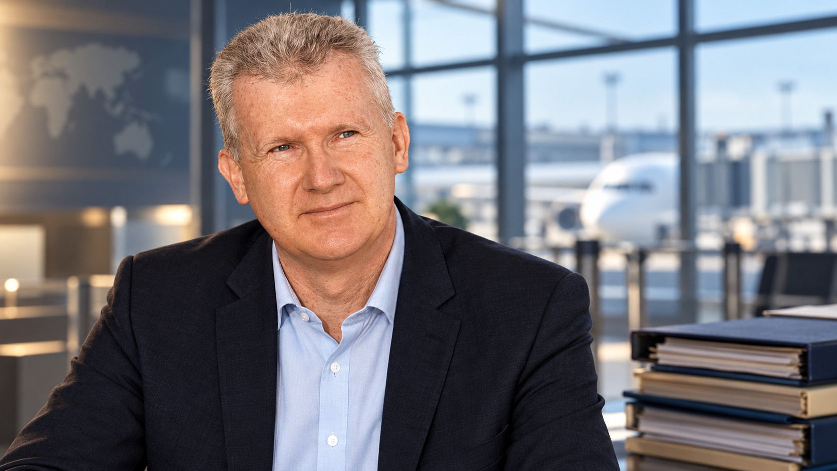 Illustration de synthèse : portrait composé de Tony Burke devant un terminal international fictif et des dossiers fermés, sans représenter une annonce ou un contrôle réel.