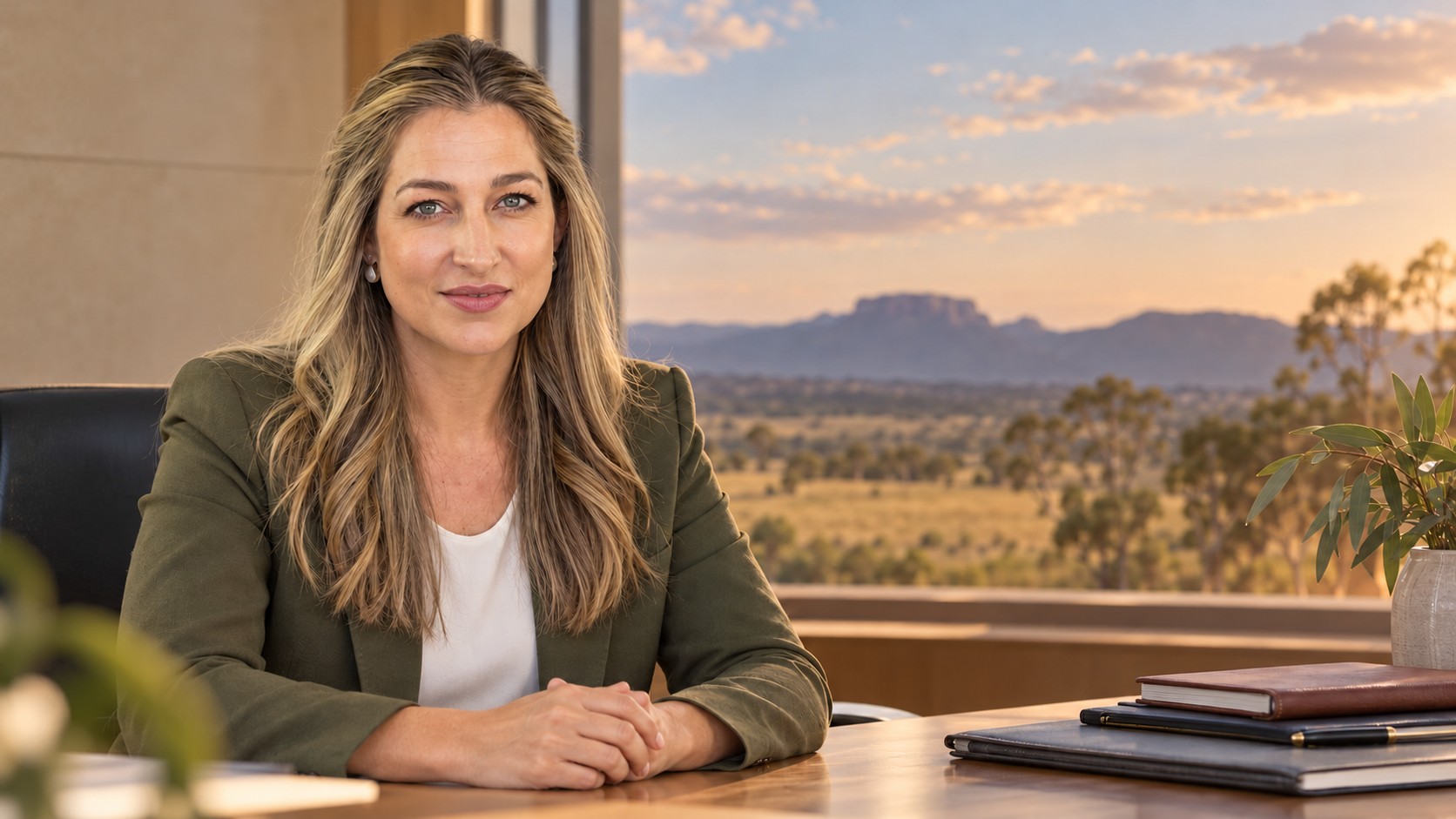 Illustration de synthèse : portrait composé de Laura Gerber dans un décor institutionnel fictif évoquant le Queensland rural et l’apprentissage, sans représentation d’un événement réel.