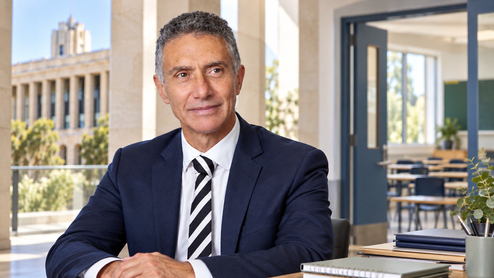 Illustration de synthèse : portrait composé de Tony Buti devant un décor fictif évoquant le Parlement de Perth et une salle de classe vide, sans représentation d’un événement réel.