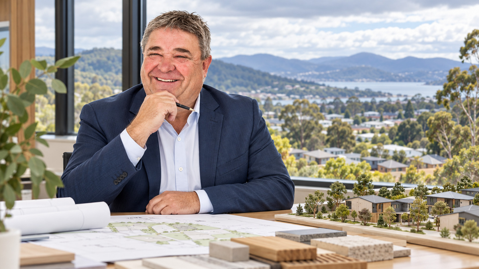 Illustration de synthèse de Kerry Vincent devant une maquette résidentielle, des plans et des échantillons de matériaux, avec un paysage tasmanien en arrière-plan.