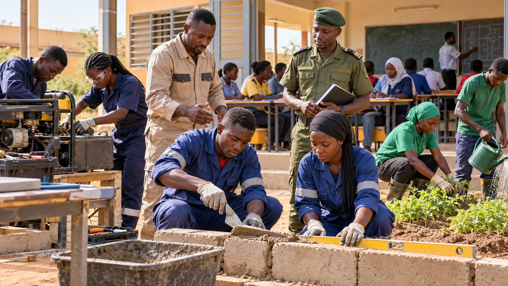 Illustration de synthèse : jeunes adultes en formation technique et civique au Burkina Faso avec un encadrant en tenue institutionnelle.