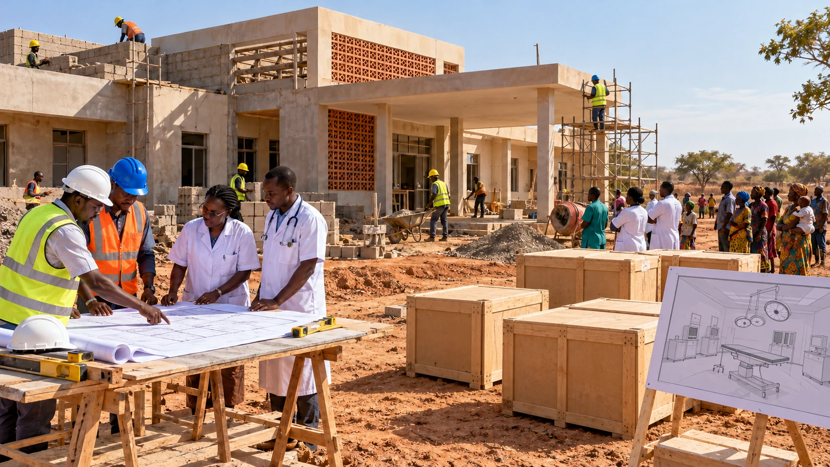 Illustration de synthèse : chantier d’un centre médical communal au Burkina Faso, avec ouvriers, personnel de santé et caisses de matériel fermées.