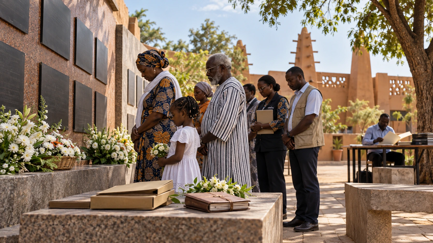 Illustration de synthèse : familles de plusieurs générations réunies devant un mémorial au Burkina Faso.
