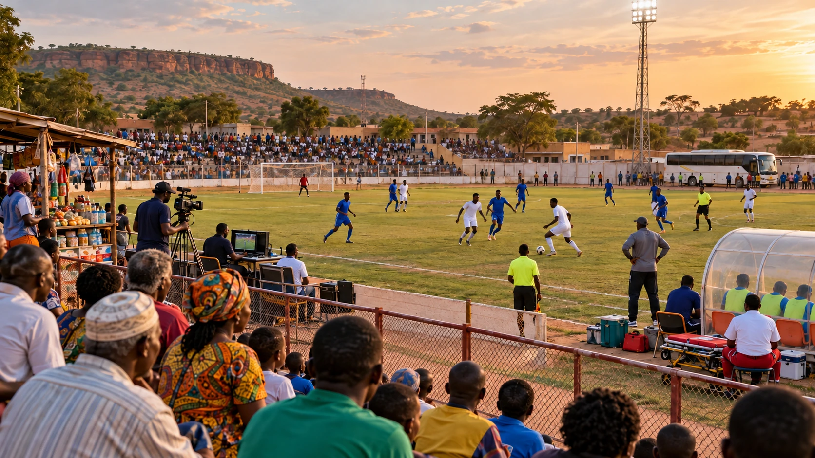 Illustration de synthèse : match de football au Burkina Faso avec joueurs en maillots sobres et spectateurs dans les tribunes.